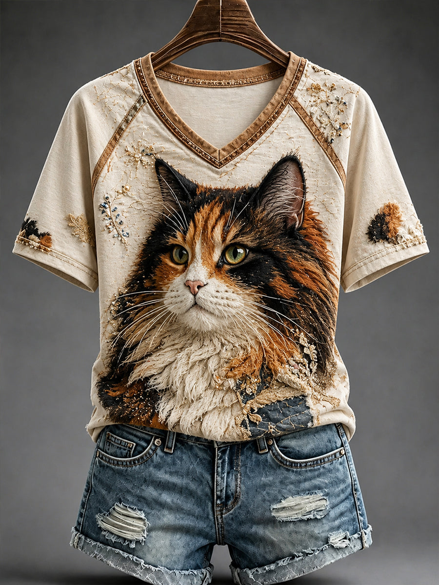 Fun Retro Cats V-Neck Off-épaule à manches courtes T-shirt Femme