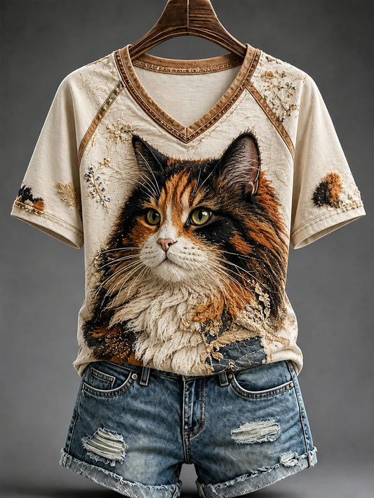 Fun Retro Cats V-Neck Off-épaule à manches courtes T-shirt Femme