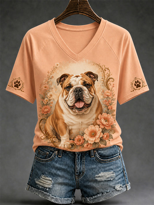 T-shirt décontracté à col en V pour femmes, imprimé chien rétro