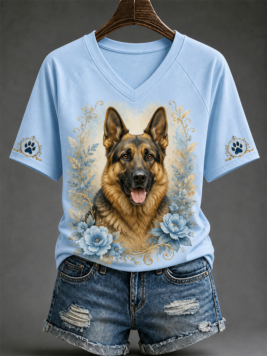 T-shirt décontracté à col en V pour femmes, imprimé chien rétro