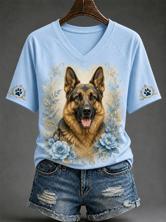 T-shirt décontracté à col en V pour femmes, imprimé chien rétro