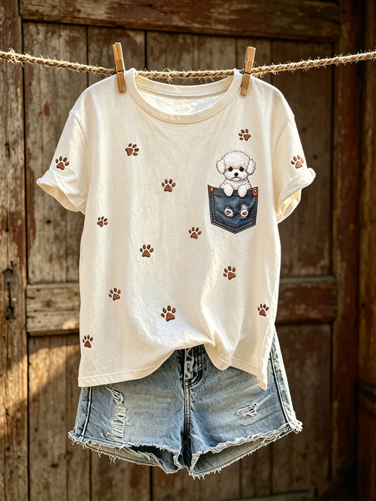T-shirt décontracté à manches courtes pour femme, imprimé d’un mignon motif de chien