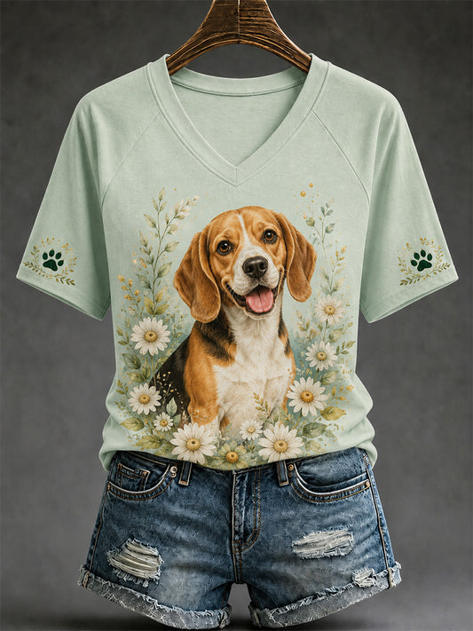 T-shirt décontracté à col en V pour femmes, imprimé chien rétro