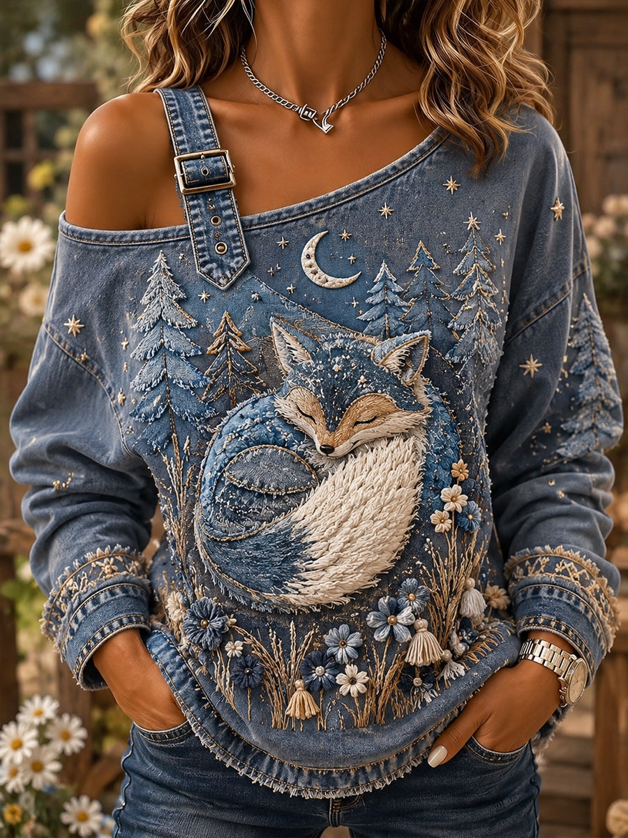 Femmes ludique rétro forêt Fox Patchwork Imprimer Casual Off-épaule Sweatshirt