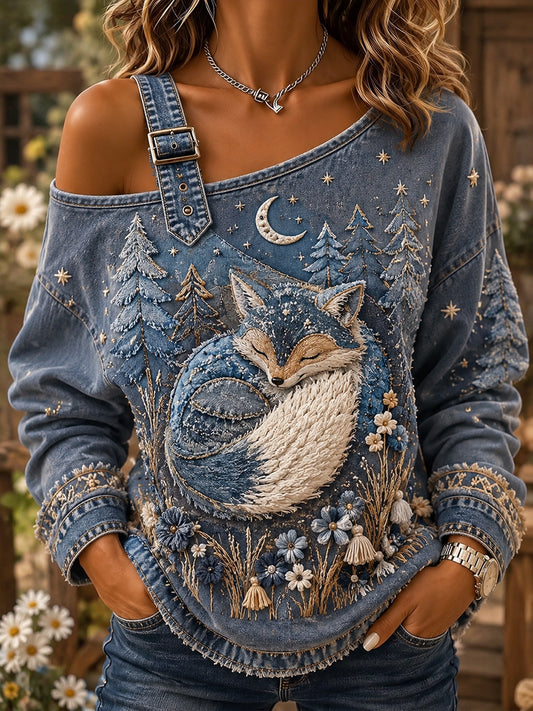 Femmes ludique rétro forêt Fox Patchwork Imprimer Casual Off-épaule Sweatshirt