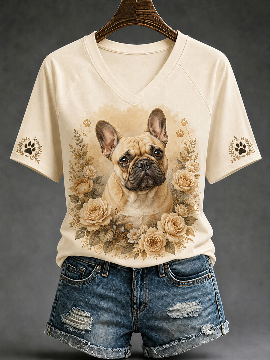 T-shirt décontracté à col en V pour femmes, imprimé chien rétro
