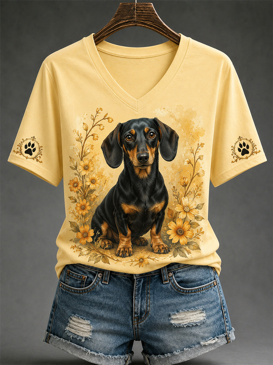 T-shirt décontracté à col en V pour femmes, imprimé chien rétro