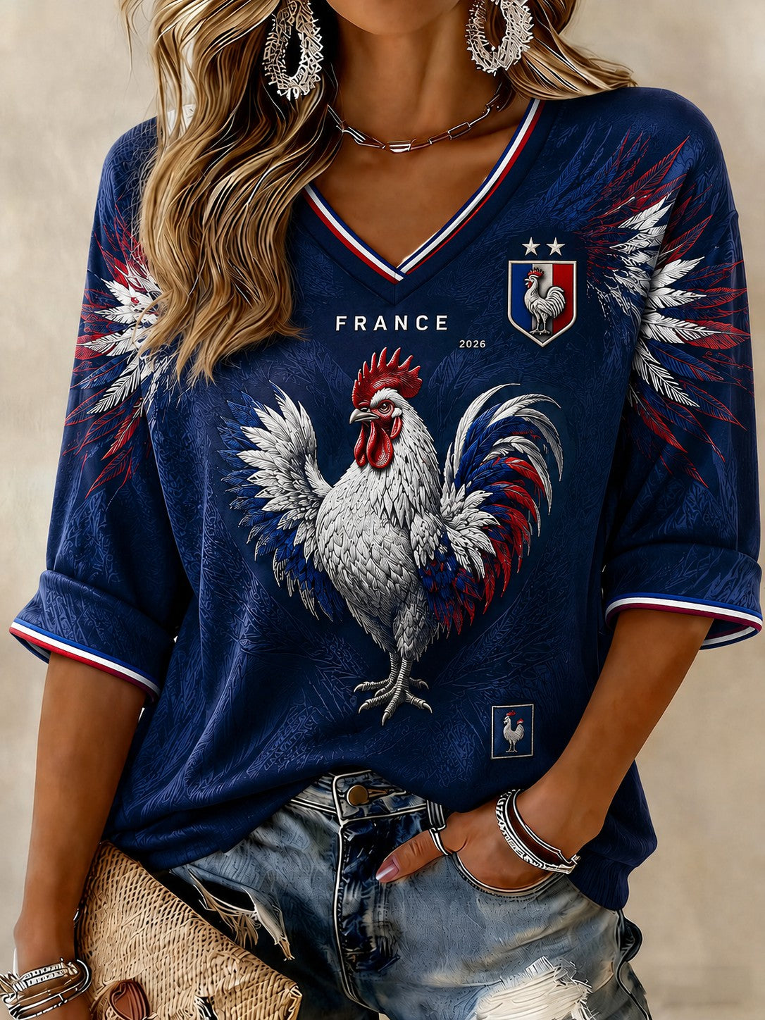 T-shirt à manches mi-longues imprimé France Football pour femme