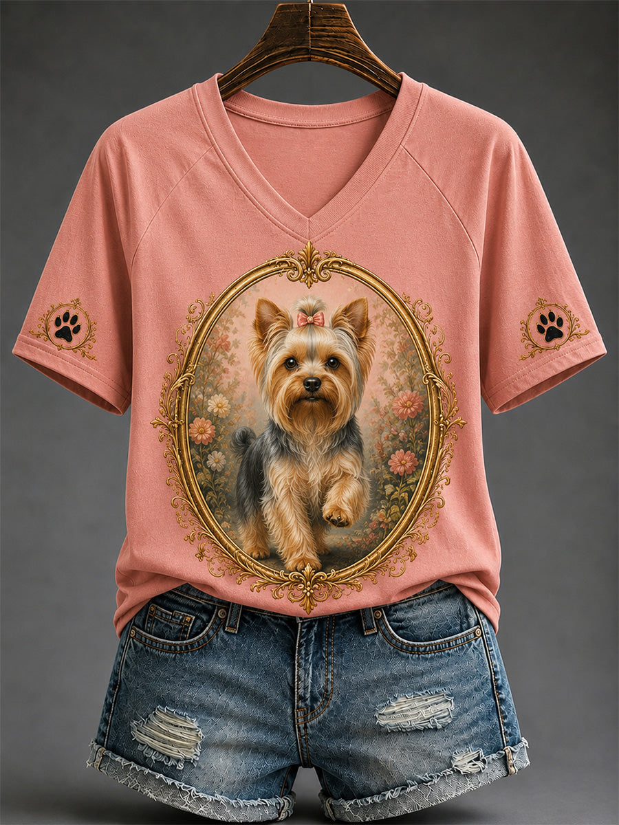 T-shirt décontracté à col en V pour femmes, imprimé chien rétro