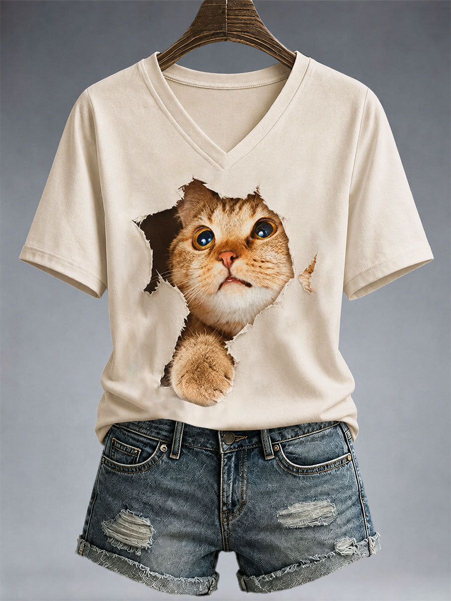 T-shirt humoristique à col en V pour femme, motif chat