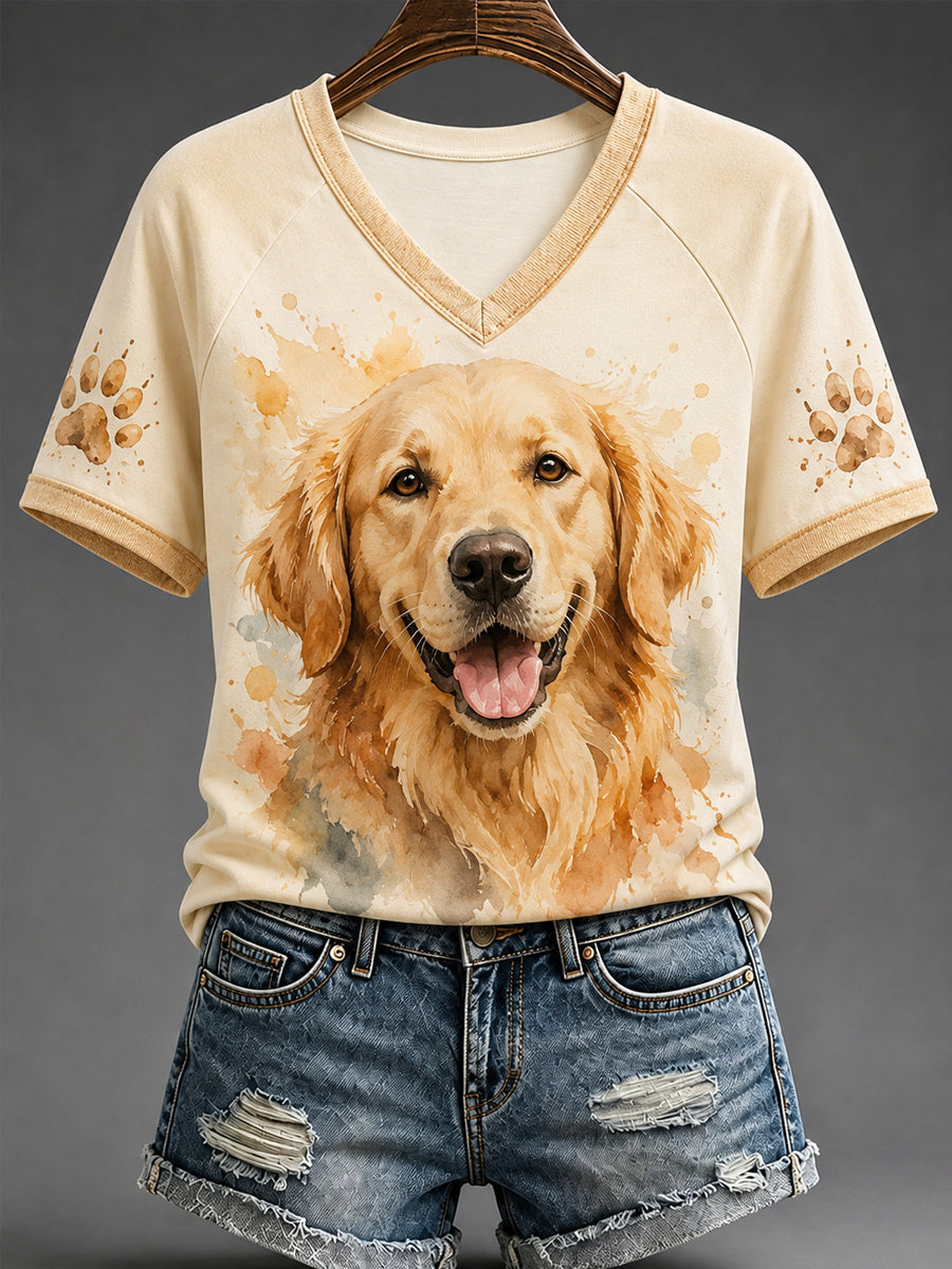T-shirt décontracté à col en V pour femmes, motif aquarelle mignon d’un chien, idée cadeau pour les amoureux des animaux