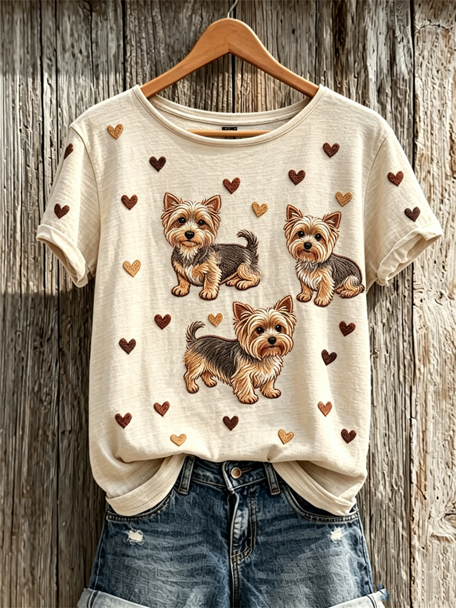 T-shirt à manches courtes pour femmes, motif imprimé avec chiens Yorkshire Terrier et cœurs