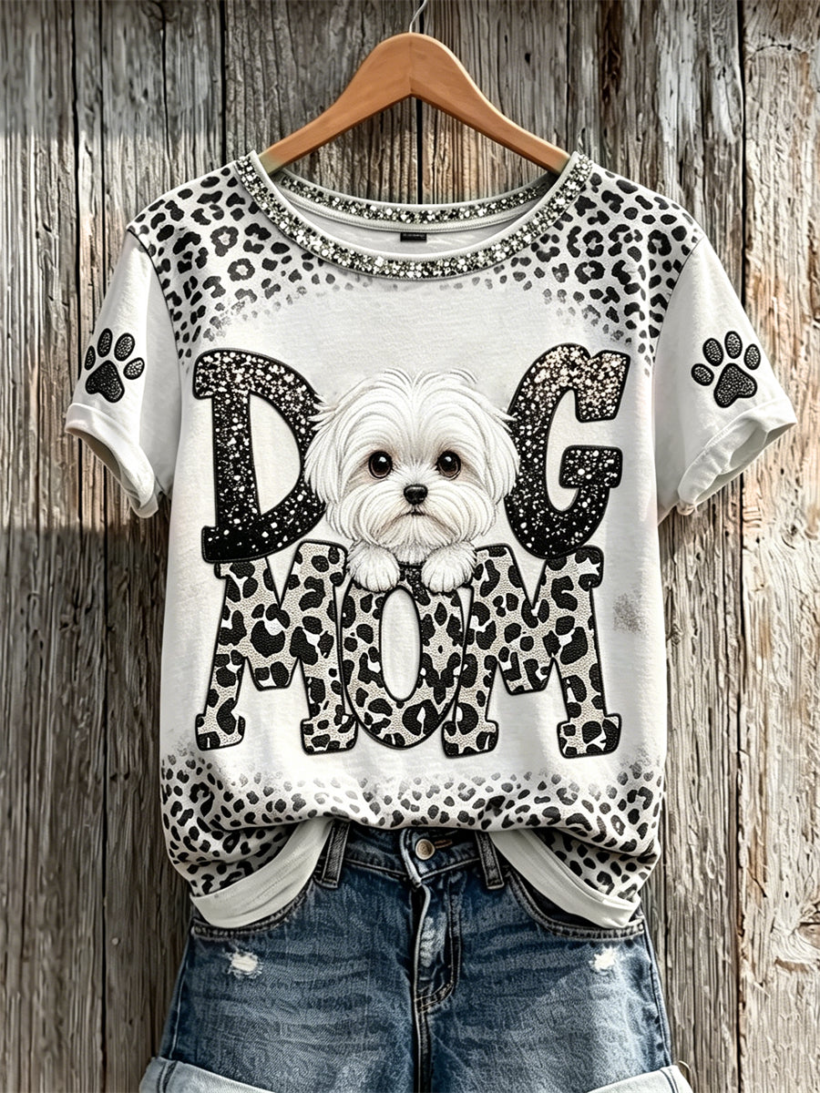 T-shirt à manches courtes pour femme, motif léopard avec imprimé de pattes et tête de maltais qui dépasse
