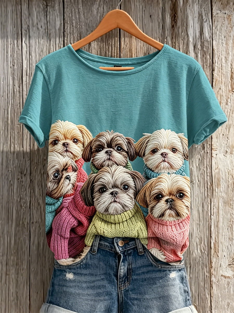 T-shirt à manches courtes Shih Tzu Dogs with Knit Wear Print Femme