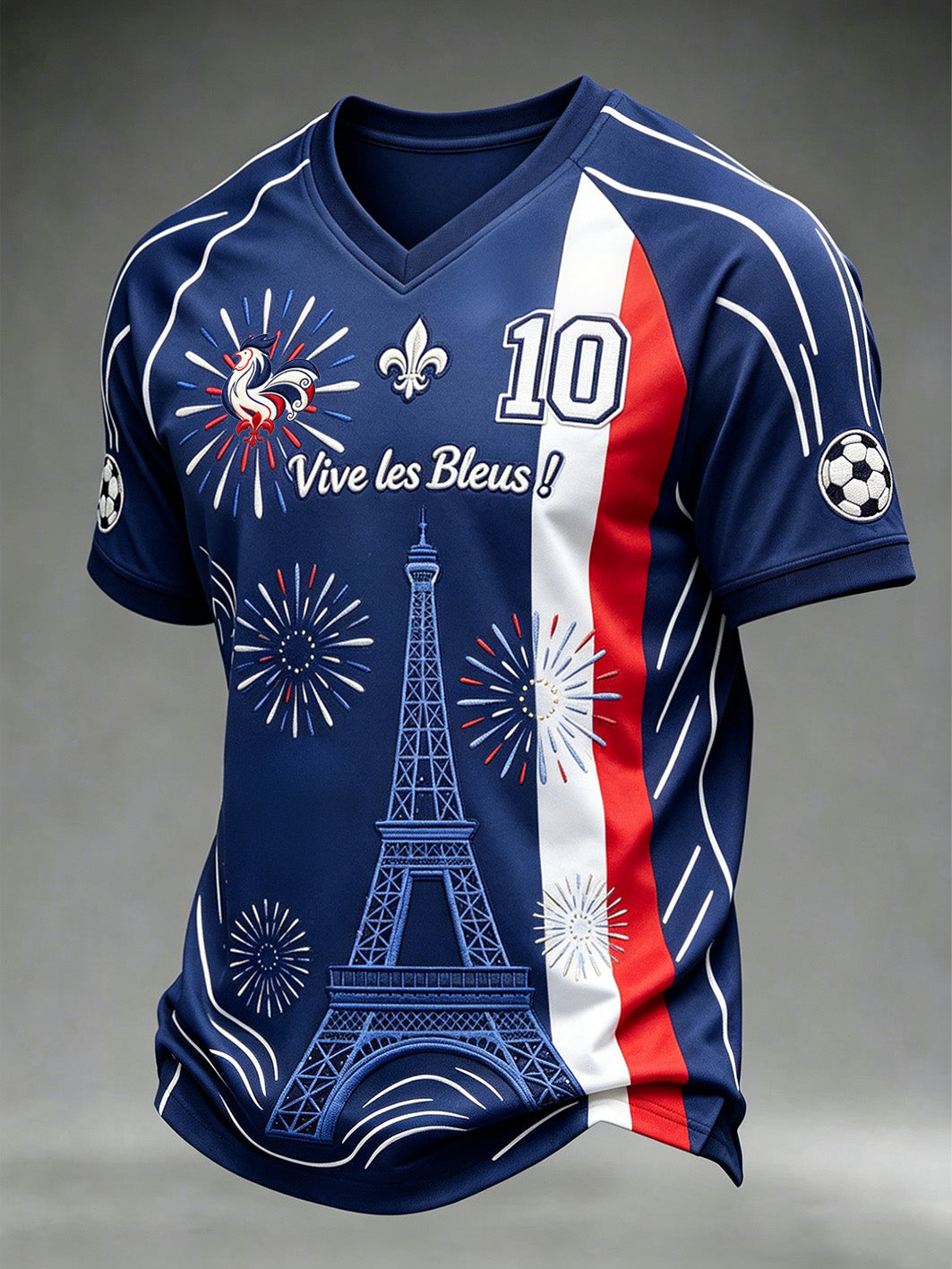 T-shirt à col en V pour hommes, motif imprimé aux motifs de football et combinaison de couleurs tendance