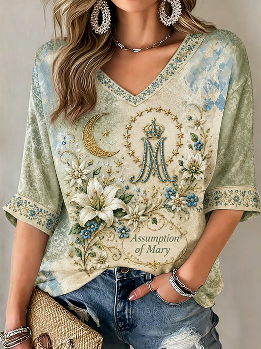 T-shirt pour femme à manches mi-longues et col en V, dédié à l’Assomption de Marie
