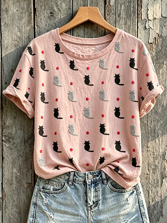 T-shirt à manches courtes Lovely Cats Print pour femmes