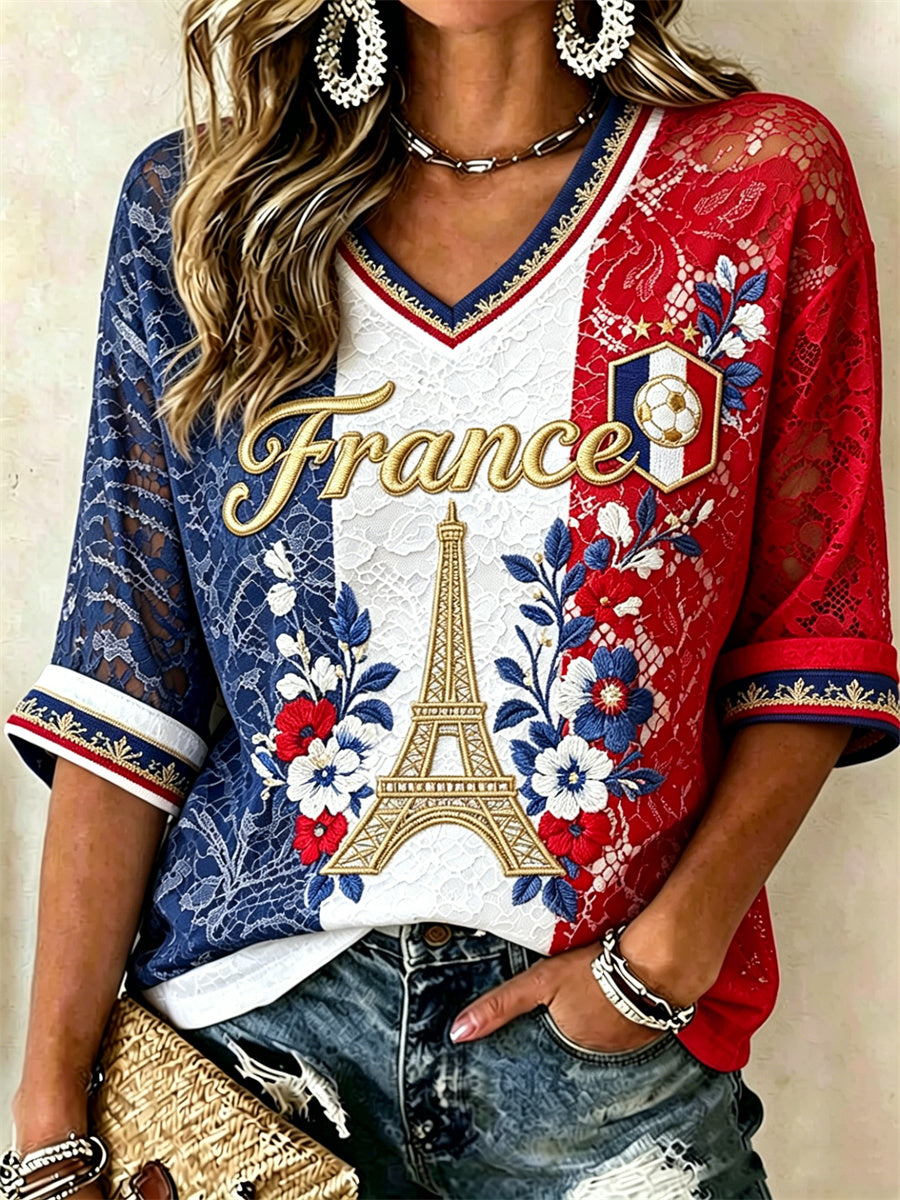 T-shirt à col en V à manches mi-longues pour femme France Football Tower Floral Flag Colorblock Print