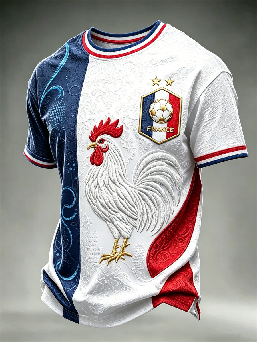 T-shirt à manches courtes pour homme France Football Coq Drapeau Colorblock Print