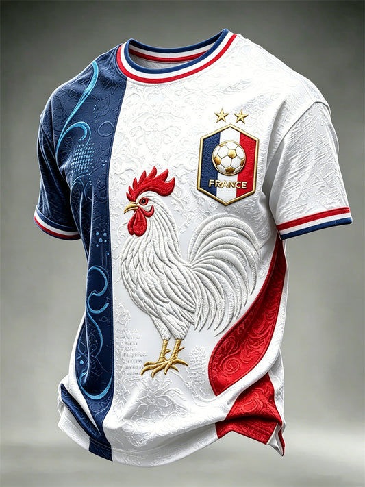 T-shirt à manches courtes pour homme France Football Coq Drapeau Colorblock Print