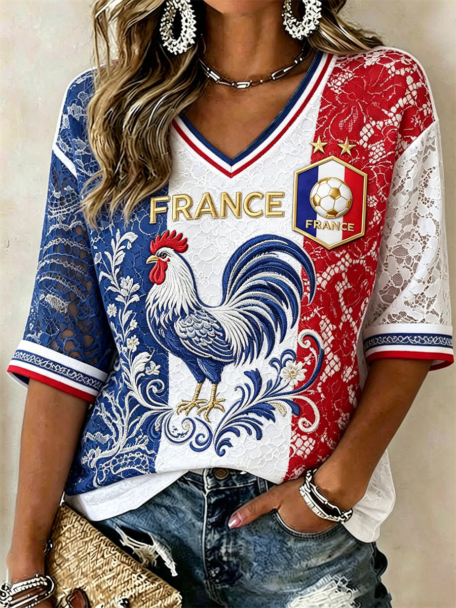 T-shirt femme France Football à col en V, manches mi-longues, imprimé drapeau floral et blocs de couleur