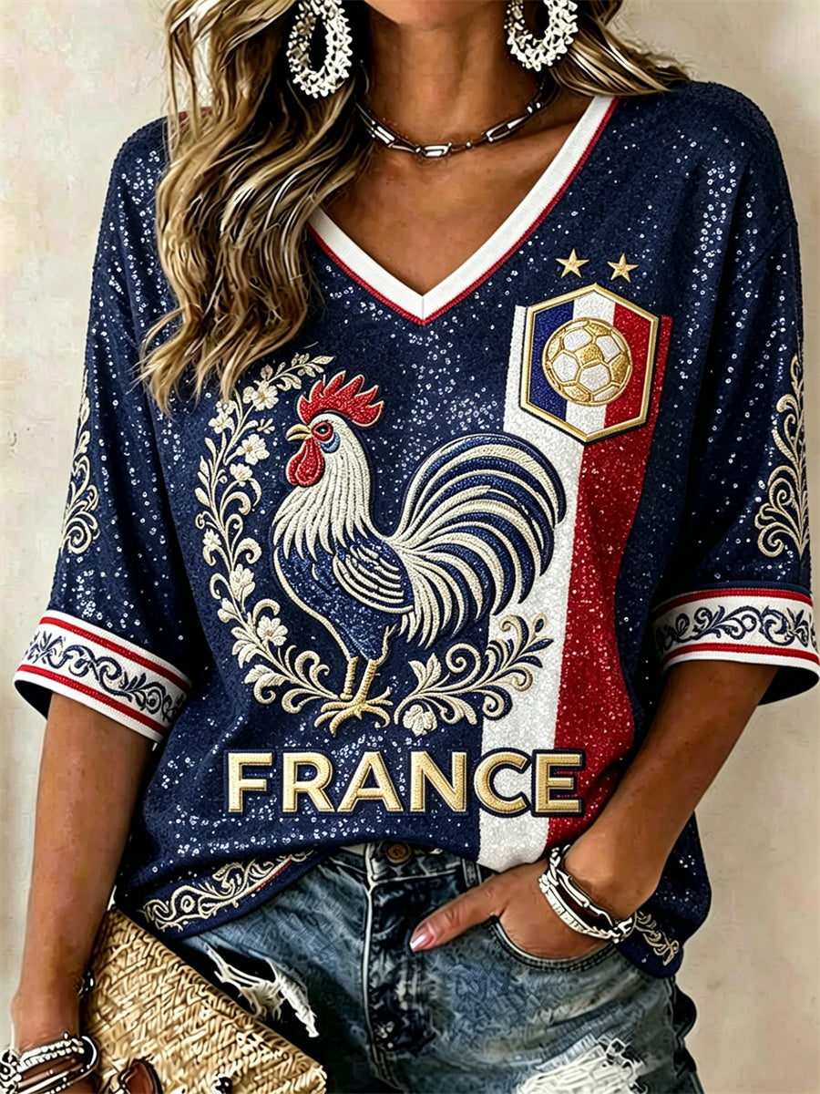 T-shirt à col en V à manches mi-longues pour femmes France Coq Art Floral Drapeau Glitter Print