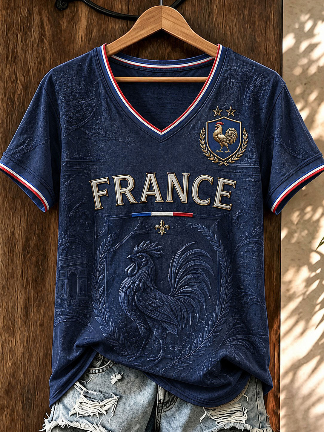 T-shirt à col en V imprimé France Football pour femme