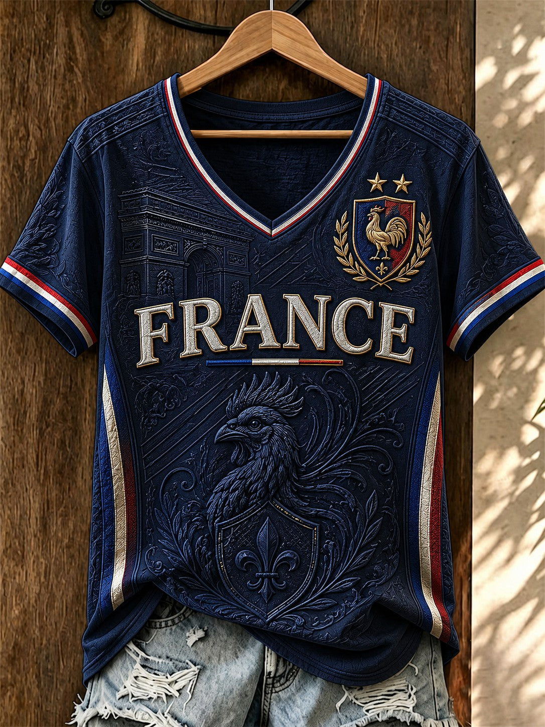T-shirt à col en V imprimé France Football pour femme