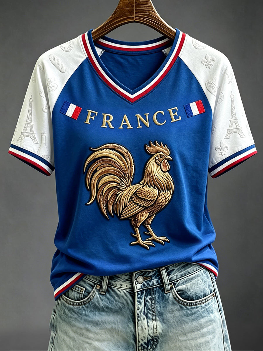 T-shirt à manches courtes et col en V pour femme, imprimé coq, inspiré du football français