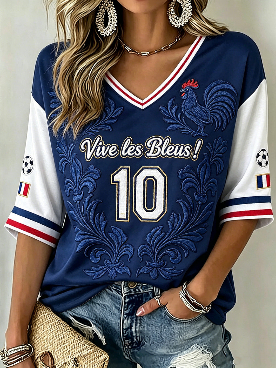 T-shirt à col en V à manches mi-longues pour femmes, motif caractéristique français imprimé loisirs