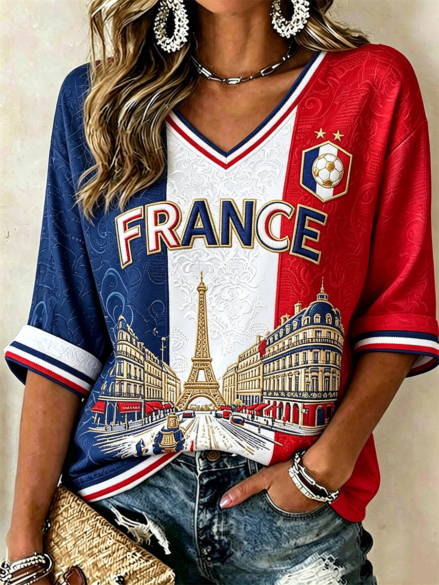 T-shirt à col en V à manches mi-longues pour femmes France Football Paris Scene Flag Colorblock Print