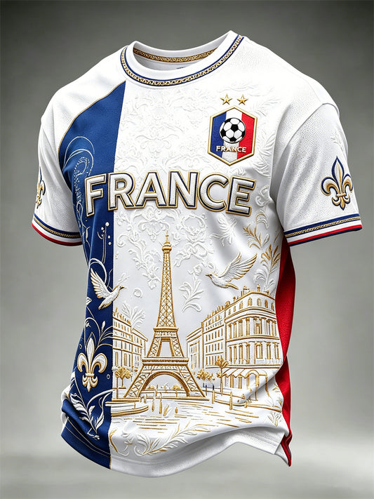T-shirt à manches courtes pour hommes France Football Paris Scene Flag Colorblock Print