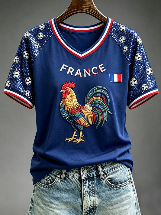 Coq Français Art Glitter Imprimer V-cou T-shirt à manches courtes pour femmes