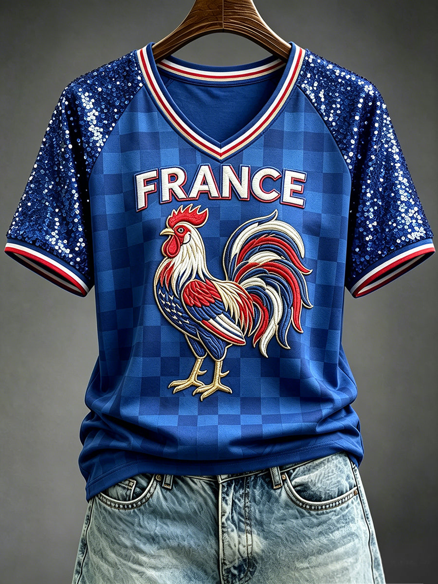 Coq Français Art Vintage Plaid Imprimer V-cou T-shirt à manches courtes pour femmes
