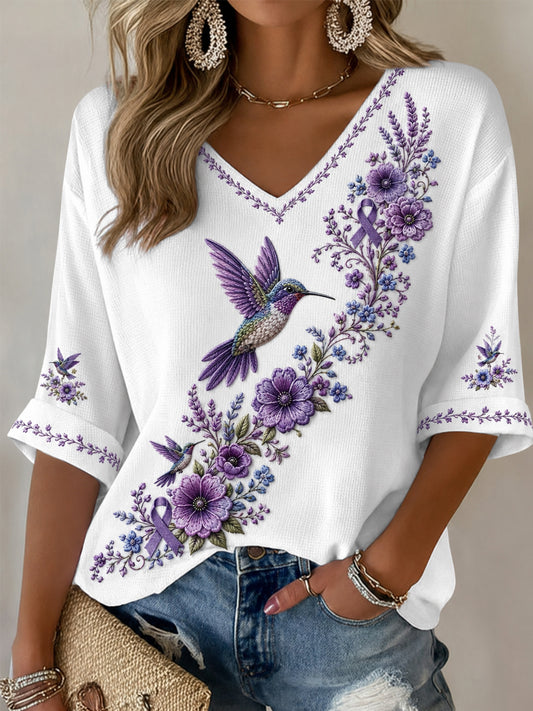 Femmes Violet Floral & Colibri Imprimer la conscience de la maladie d'Alzheimer soutien demi-manches V-Neck T-Shirt