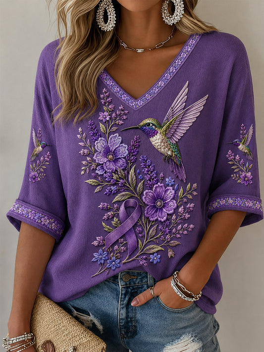 T-shirt à manches mi-longues et col en V pour femmes, imprimé floral violet et colibri, soutien à la sensibilisation à la maladie d’Alzheimer