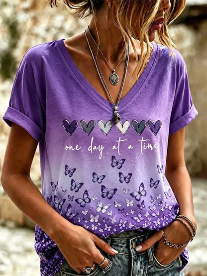 T-shirt imprimé à col en V pour femmes, sensibilisation à la maladie d'Alzheimer
