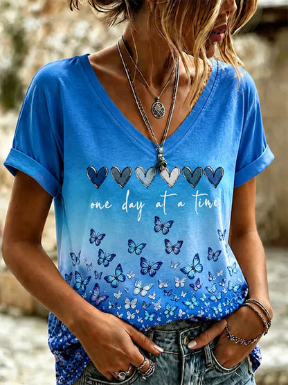 T-shirt imprimé à col en V pour femmes, sensibilisation à la maladie d'Alzheimer