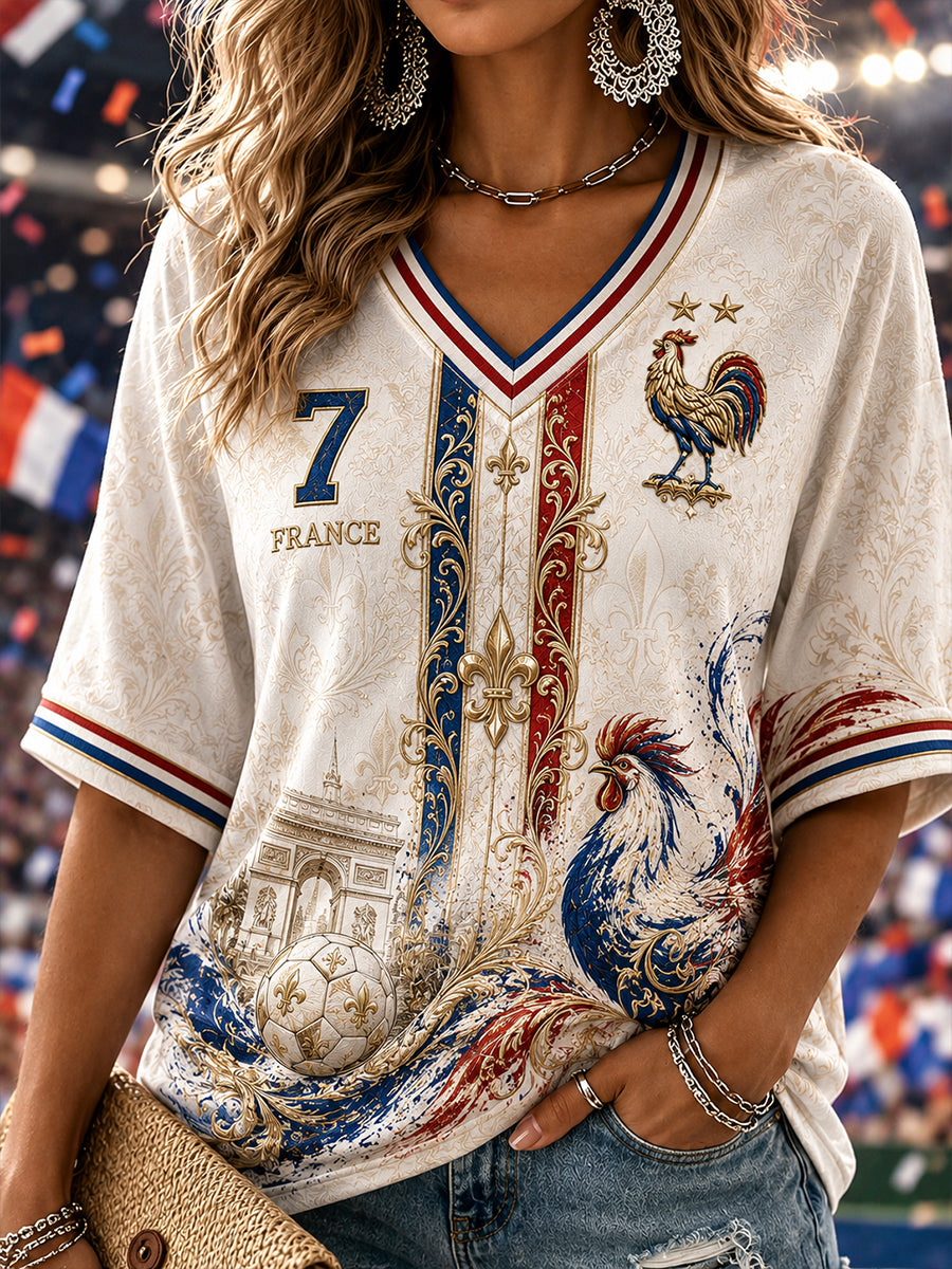 Chemise en lin à col V pour femme, motif France Football