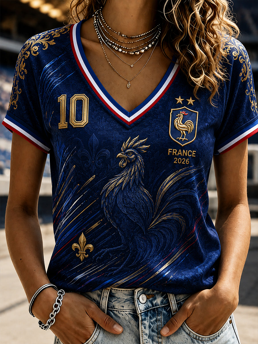 T-shirt femme France Football à col en V et épaules dénudées, manches courtes