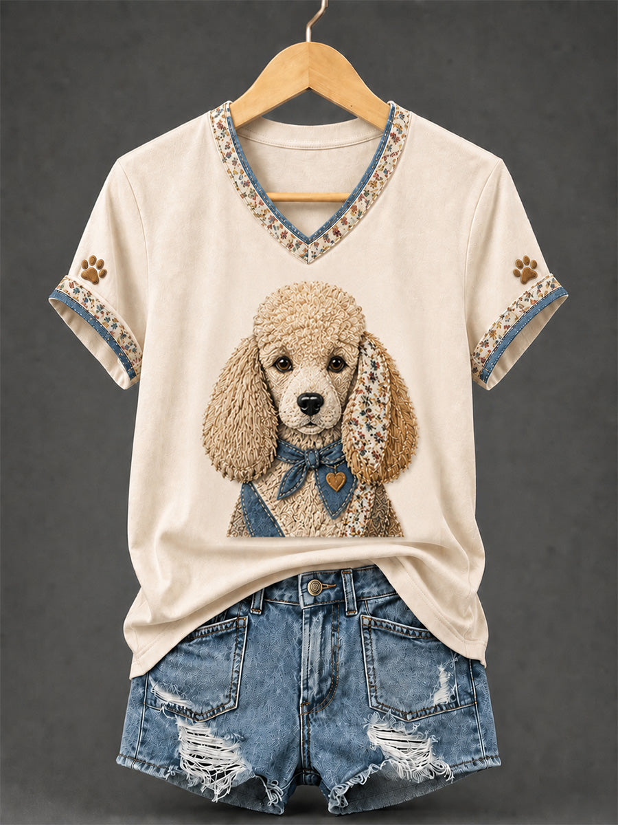 Rétro Patchwork Chien Imprimer V-Neck Tee des femmes