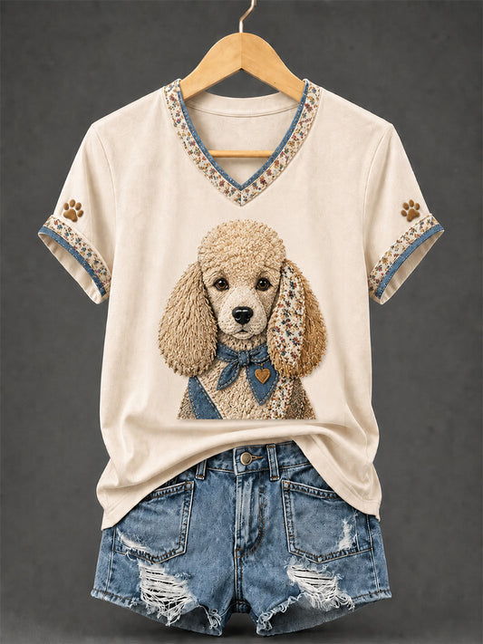 Rétro Patchwork Chien Imprimer V-Neck Tee des femmes