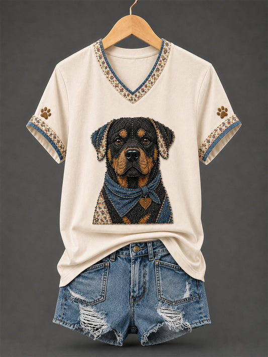 T-shirt rétro à col en V, patchwork et imprimé chien pour femme