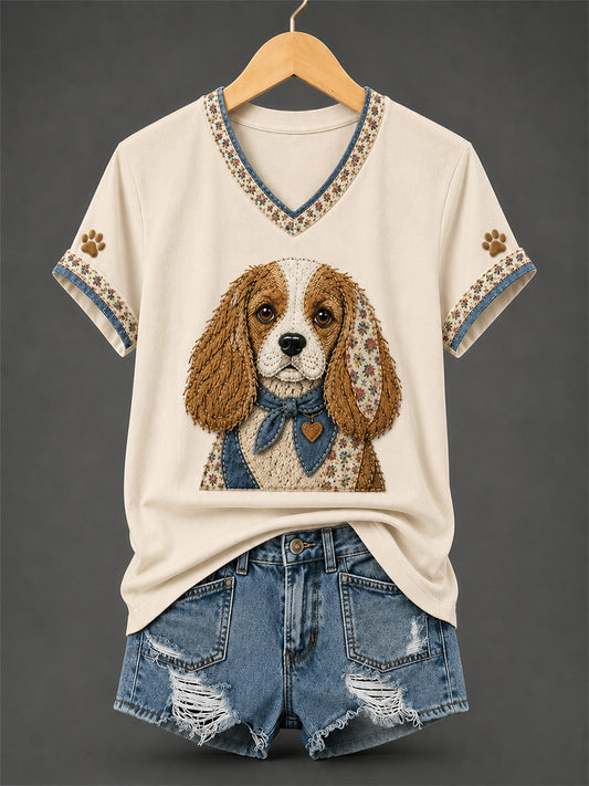 T-shirt rétro à col en V, patchwork et imprimé chien pour femme