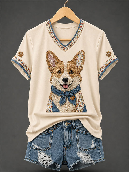 T-shirt rétro à col en V, patchwork et imprimé chien pour femme