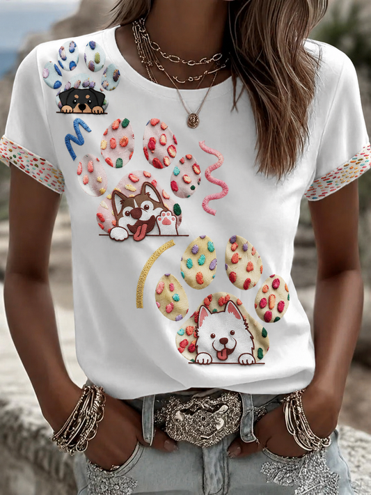 T-shirt Femme Imprimé Patte de Chien à Manches Courtes