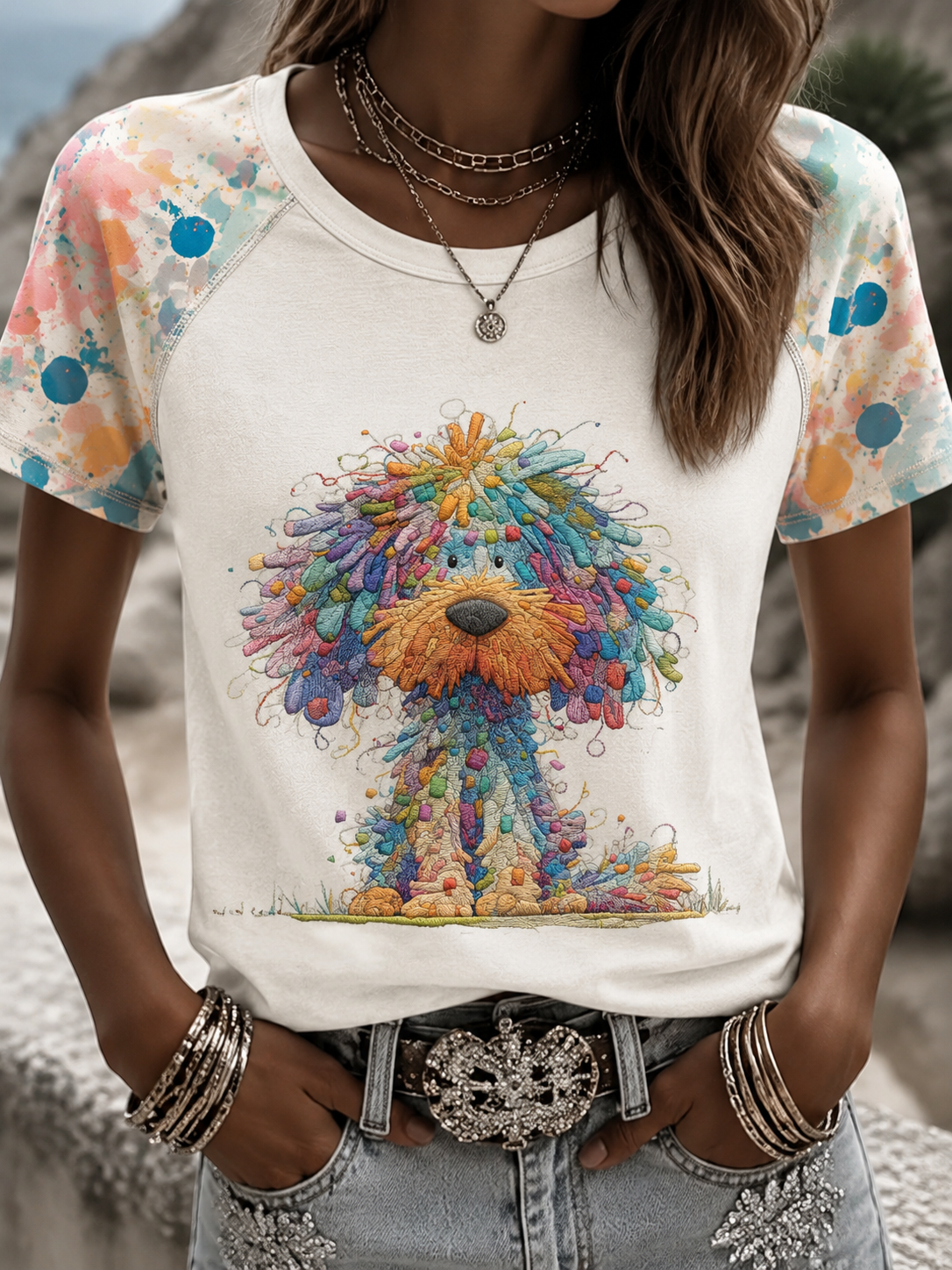 T-shirt Femme Arc-en-ciel Chien Col Rond Manches Courtes