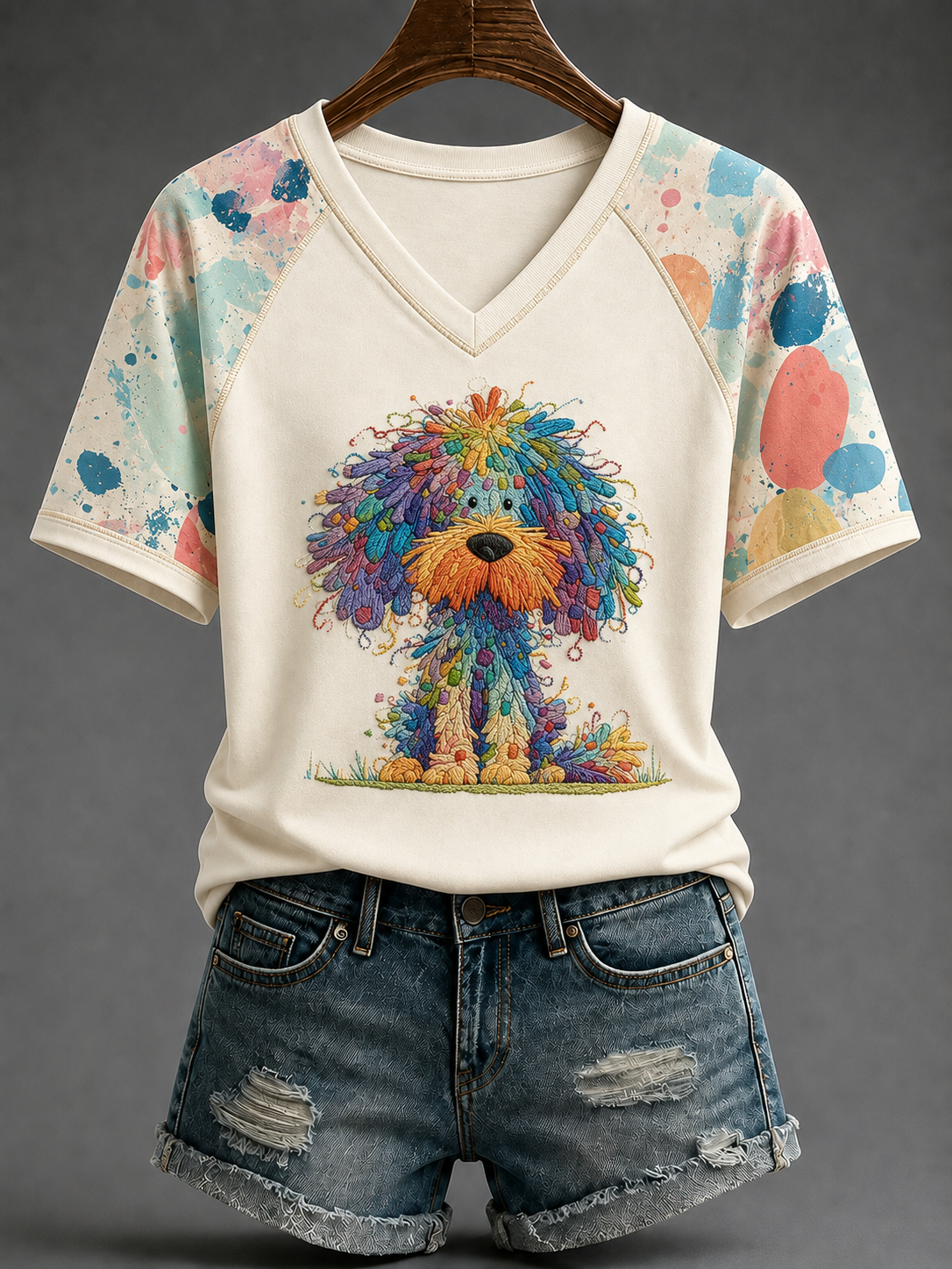 Arc-en-ciel chien col V à épaules dénudées T-shirt à manches courtes
