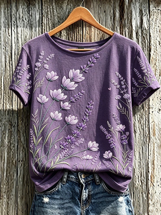 T-shirt décontracté à manches courtes pour femme, imprimé motif plantes et fleurs violet