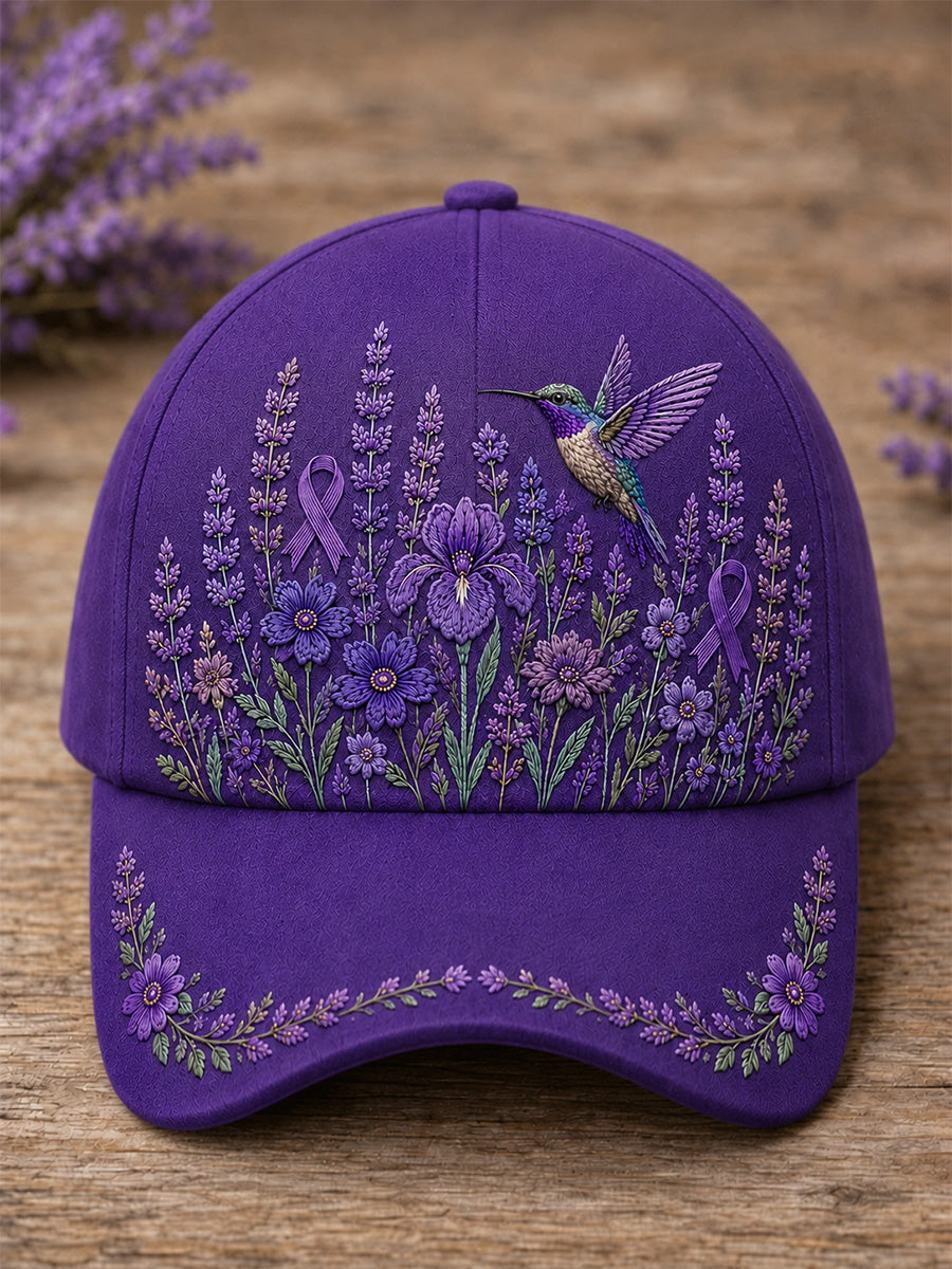 Chapeau de soutien à la sensibilisation à la maladie d’Alzheimer, unisexe, à imprimé floral violet et colibri
